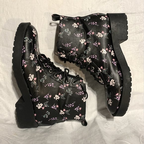 H&M Combat Boots - Black and Floral Print (Women's US 9.5, EUR 41) - Picture 1 of 7
